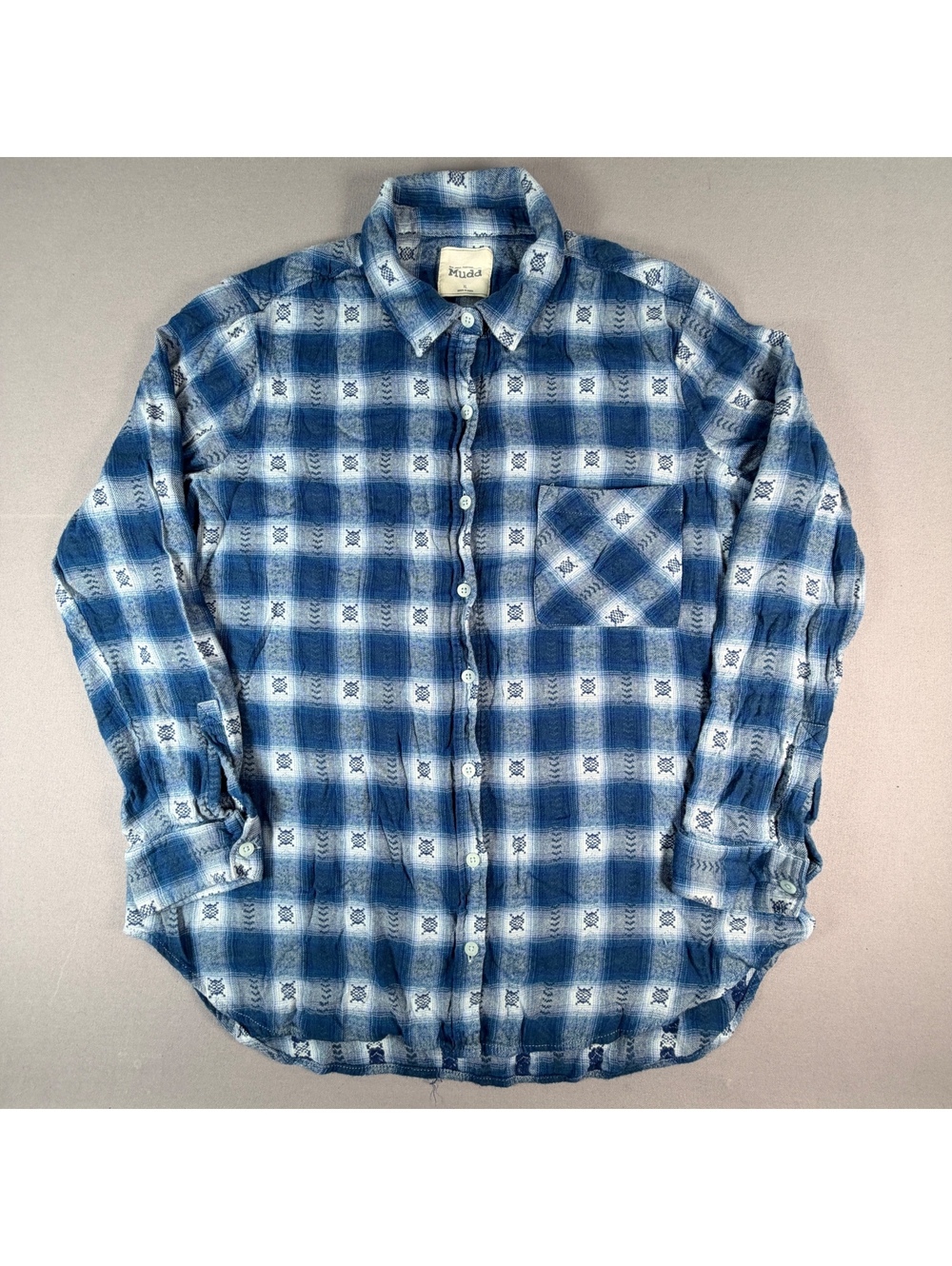 VTG Mudd Flannel Shirt Womens XL Blue White Plaid Button Up Grunge Shacket Y2K
